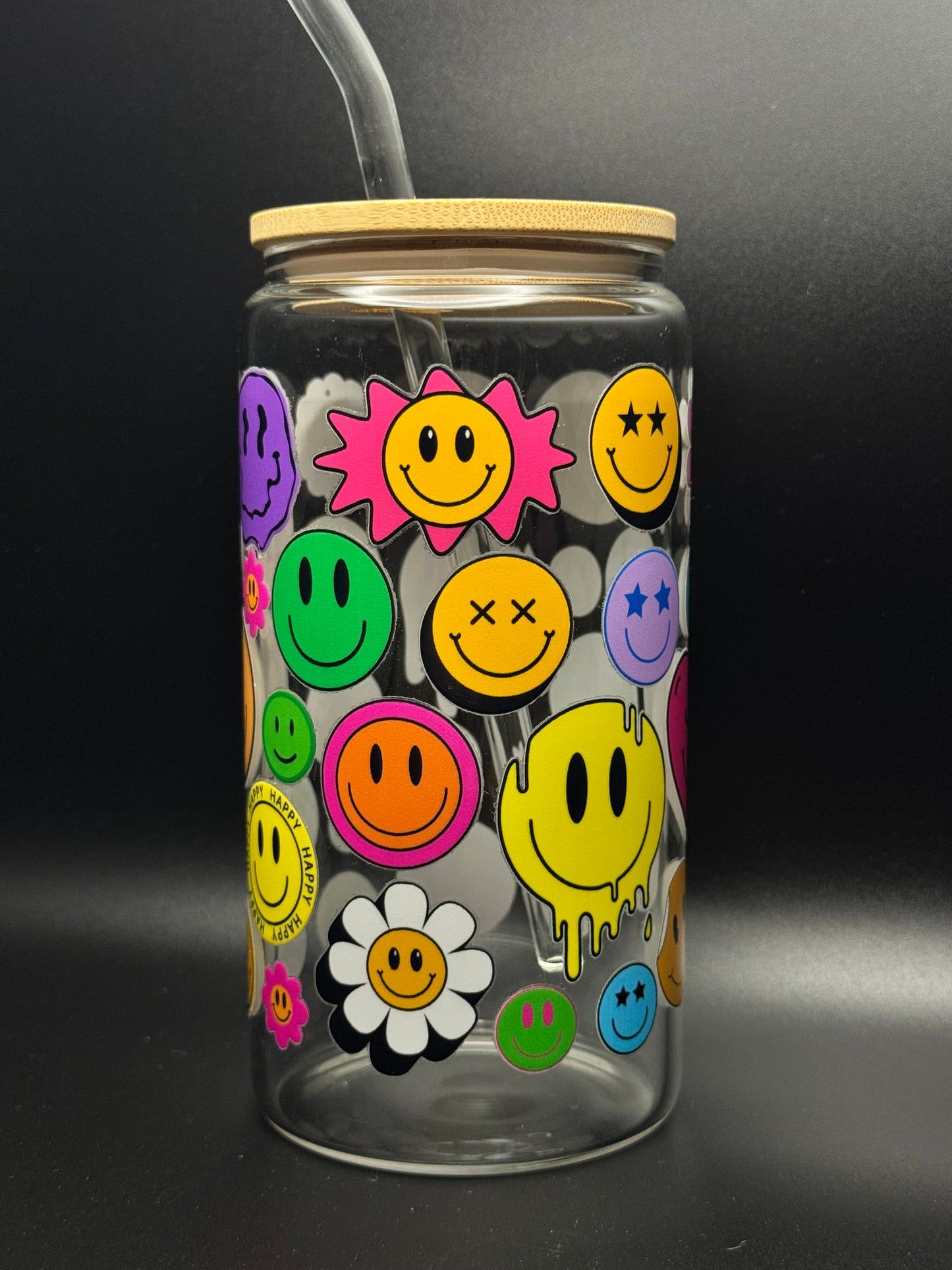 Happy Faces Glass Can 16oz