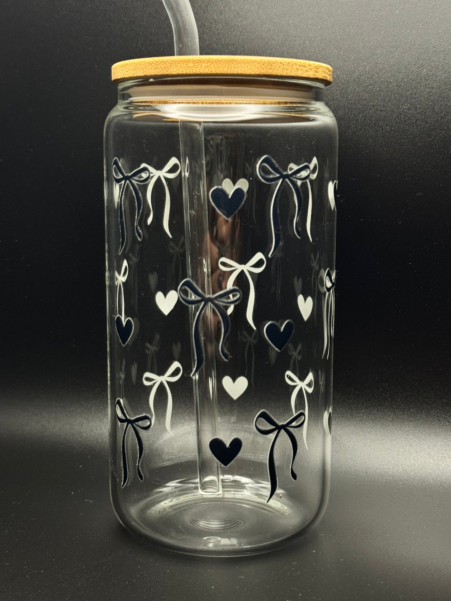Black heart/bows Glass Can 16oz