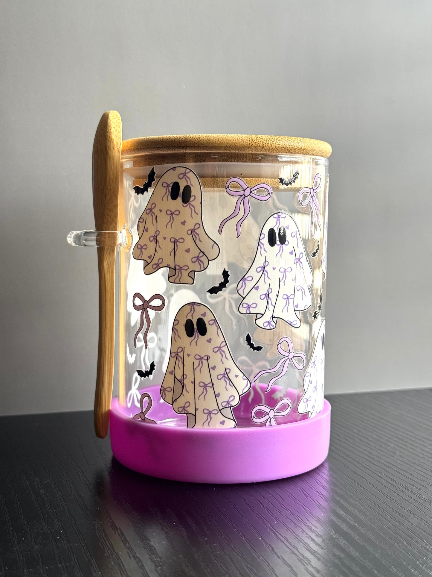 Overnight Oats Jar Purple Bow Ghost