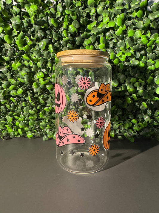 Cowboy Hat & Pumpkin Glass Can 16oz