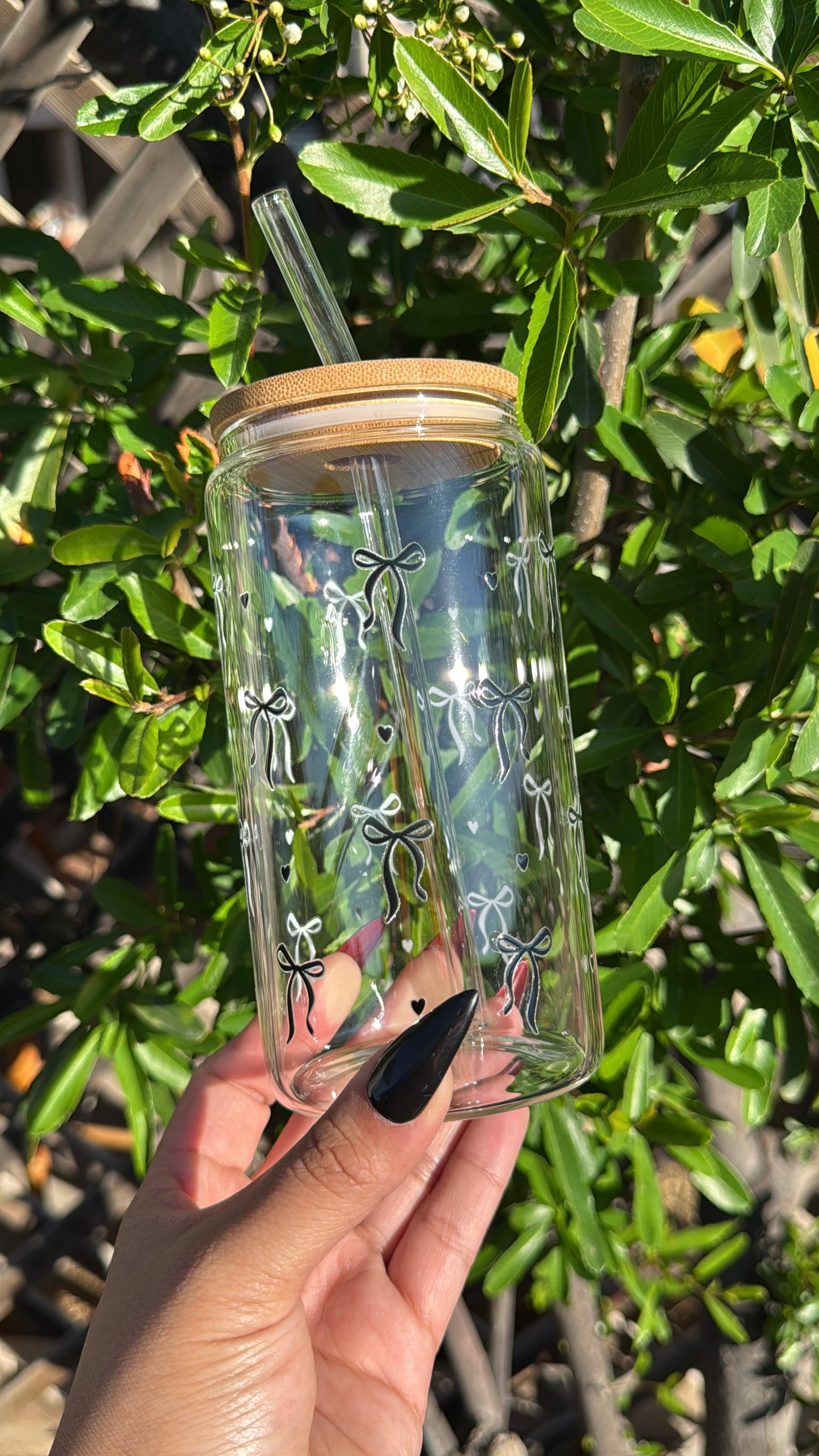 Black heart/bows Glass Can 16oz