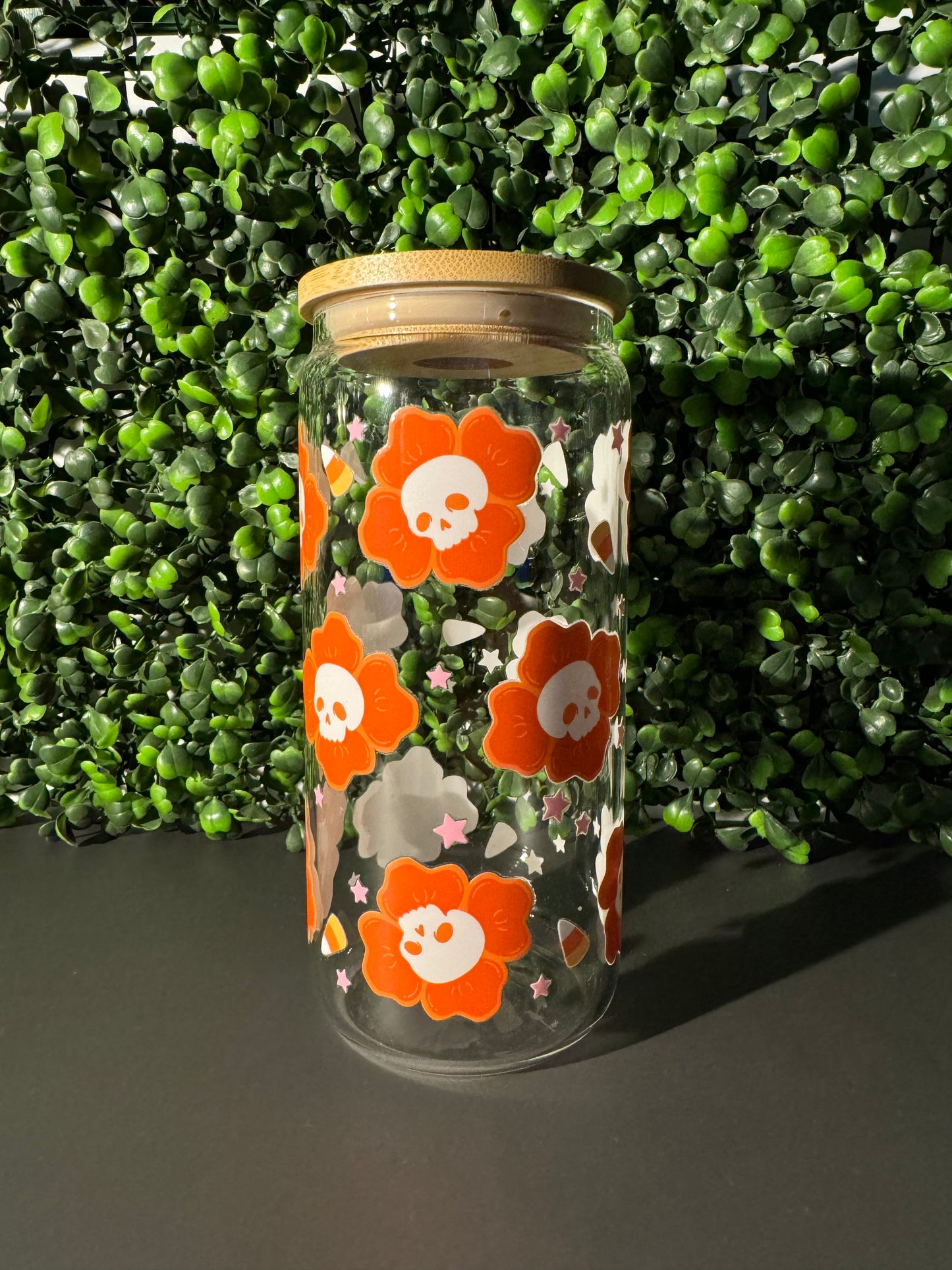 Skull Flowers w/candycorn 16oz 20ozGlass Can