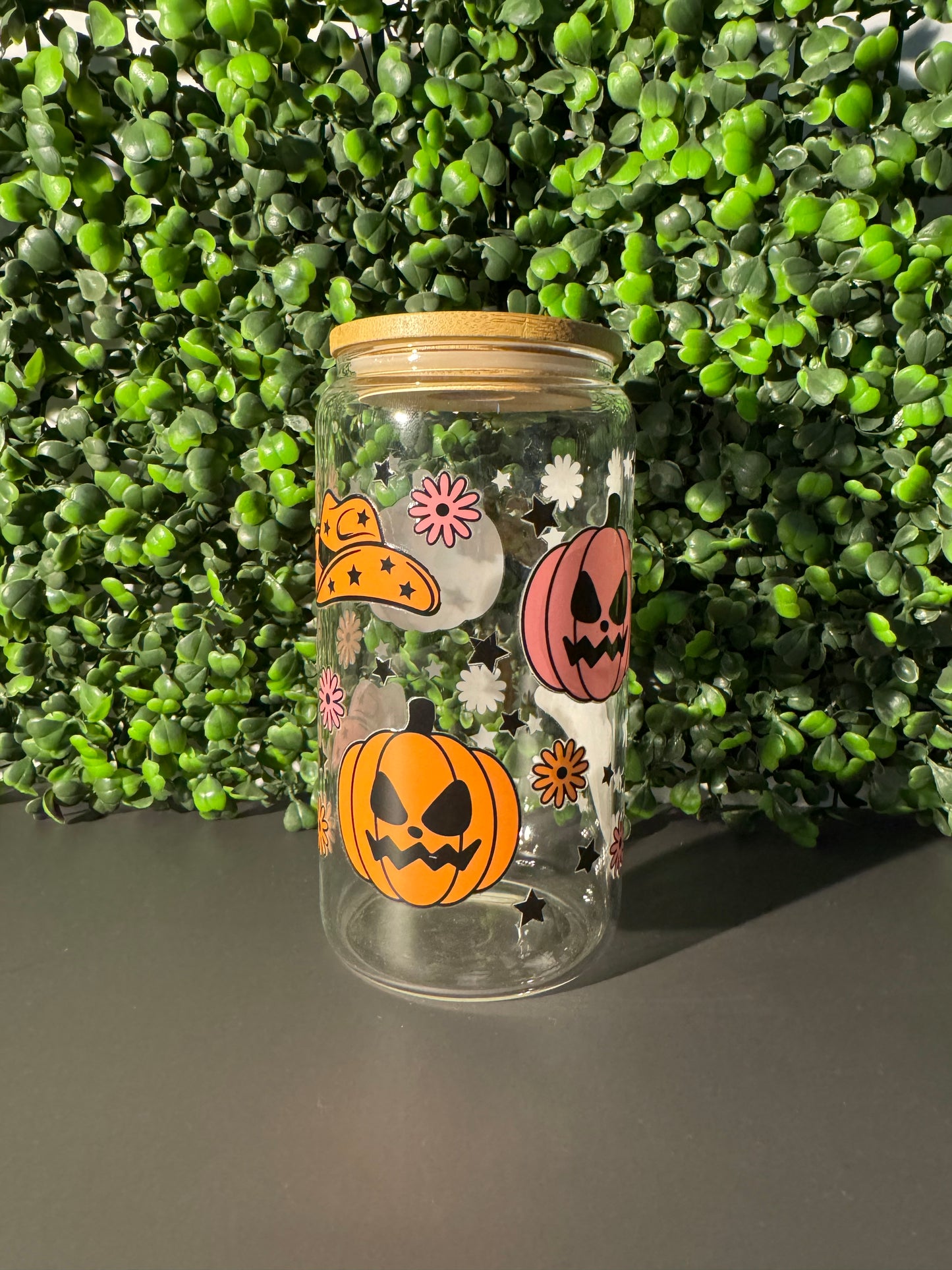 Cowboy Hat & Pumpkin Glass Can 16oz