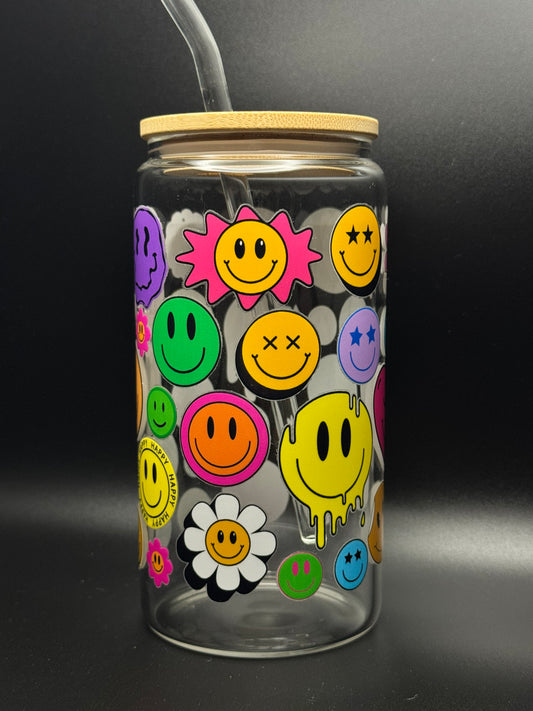 Happy Faces Glass Can 16oz